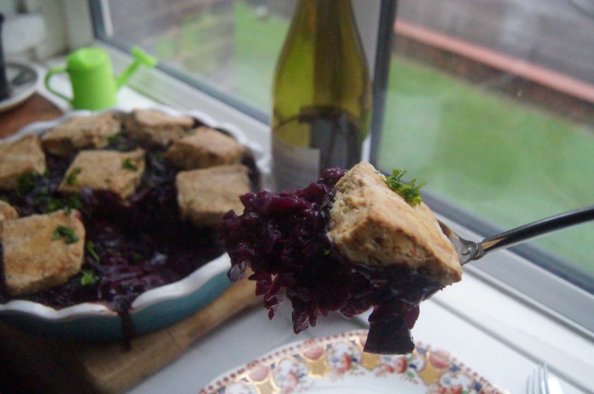 red cabbage cobbler served