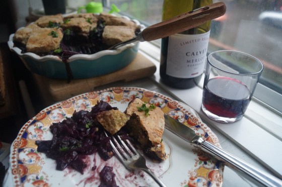 red cabbage with pecan cobbles